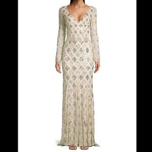 Mac Duggal Lattice Sequin Long-Sleeve Gown